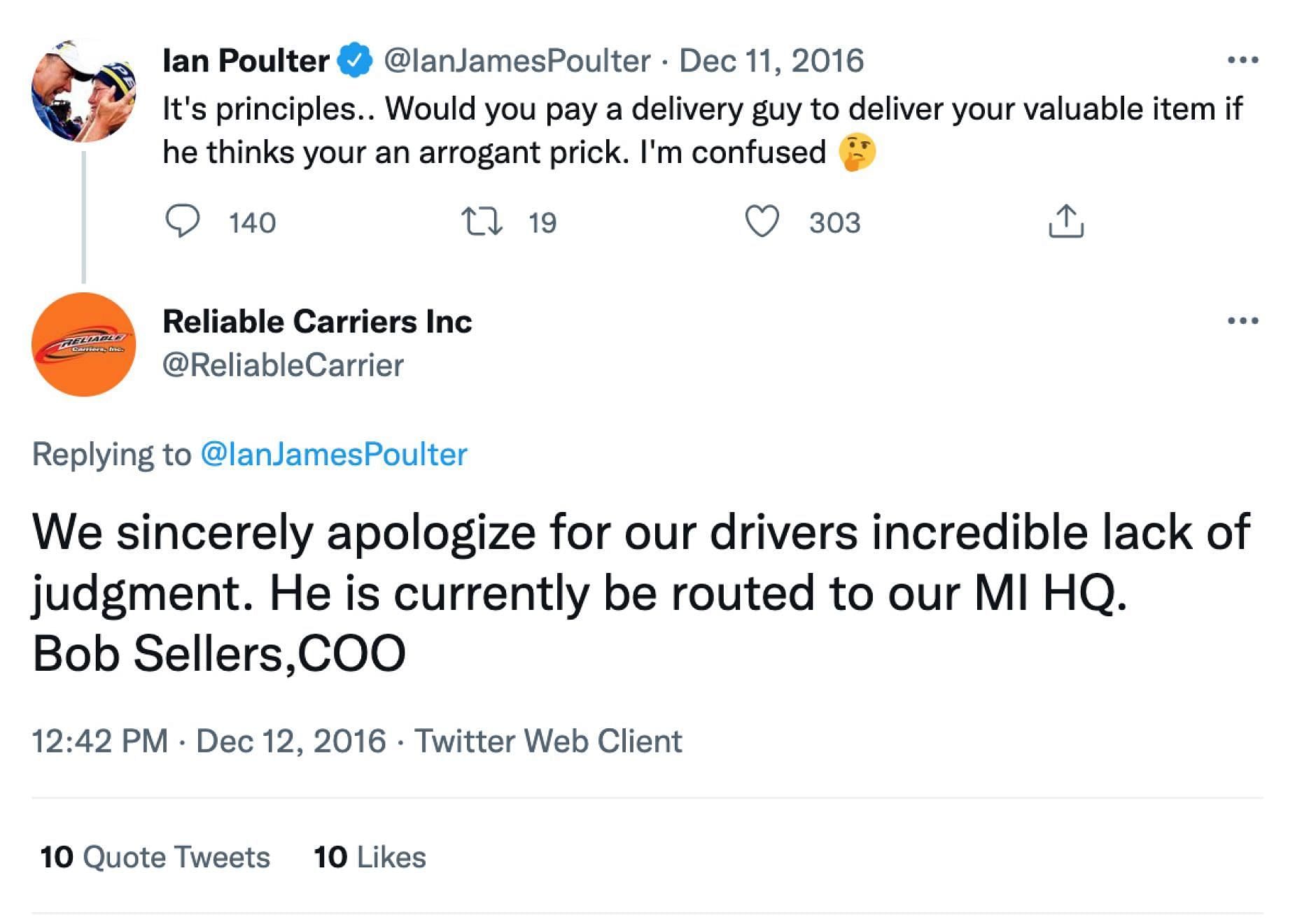 Ian Poulter's comment to Reliable Carriers Inc.